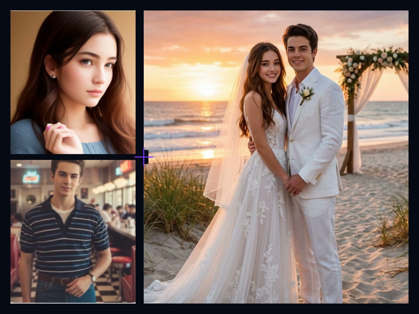 Two portrait inputs combined into a finished beach wedding portrait