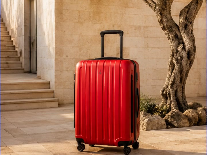 A vertical comparison line revealing a courtyard after a red suitcase is removed